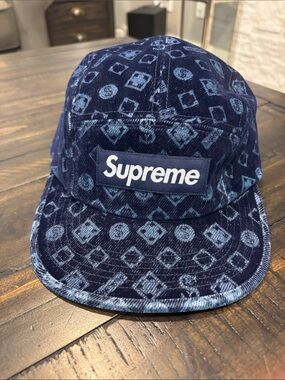 Supreme Navy Denim Corduroy Pattern Logo Camp Cap